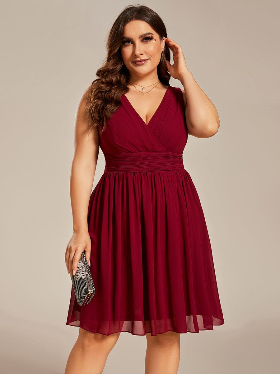 Plus Size Sleeveless V-Neck Knee-Length Chiffon Bridesmaid Dress #color_Burgundy