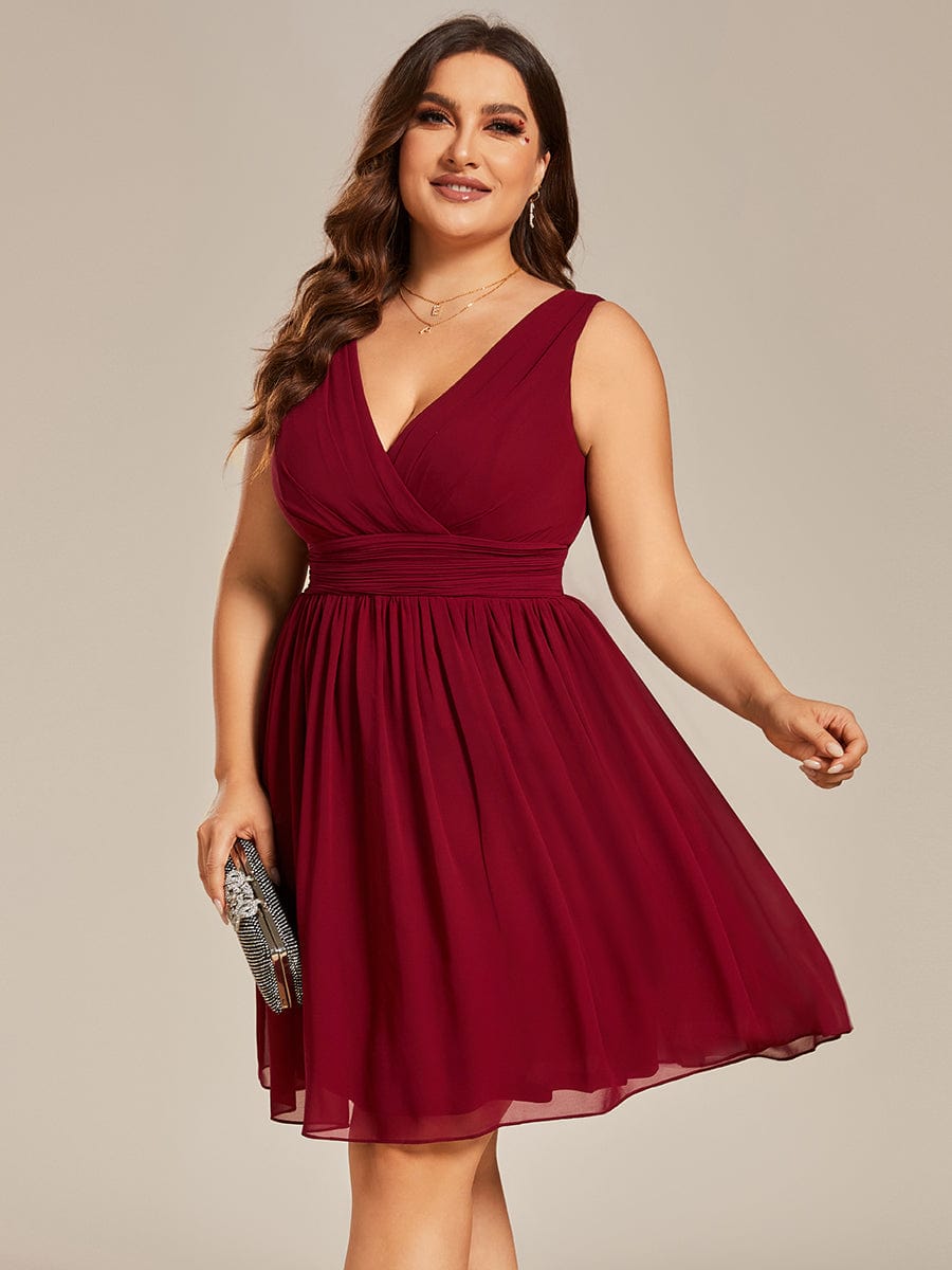 Plus Size Sleeveless V-Neck Knee-Length Chiffon Bridesmaid Dress #color_Burgundy