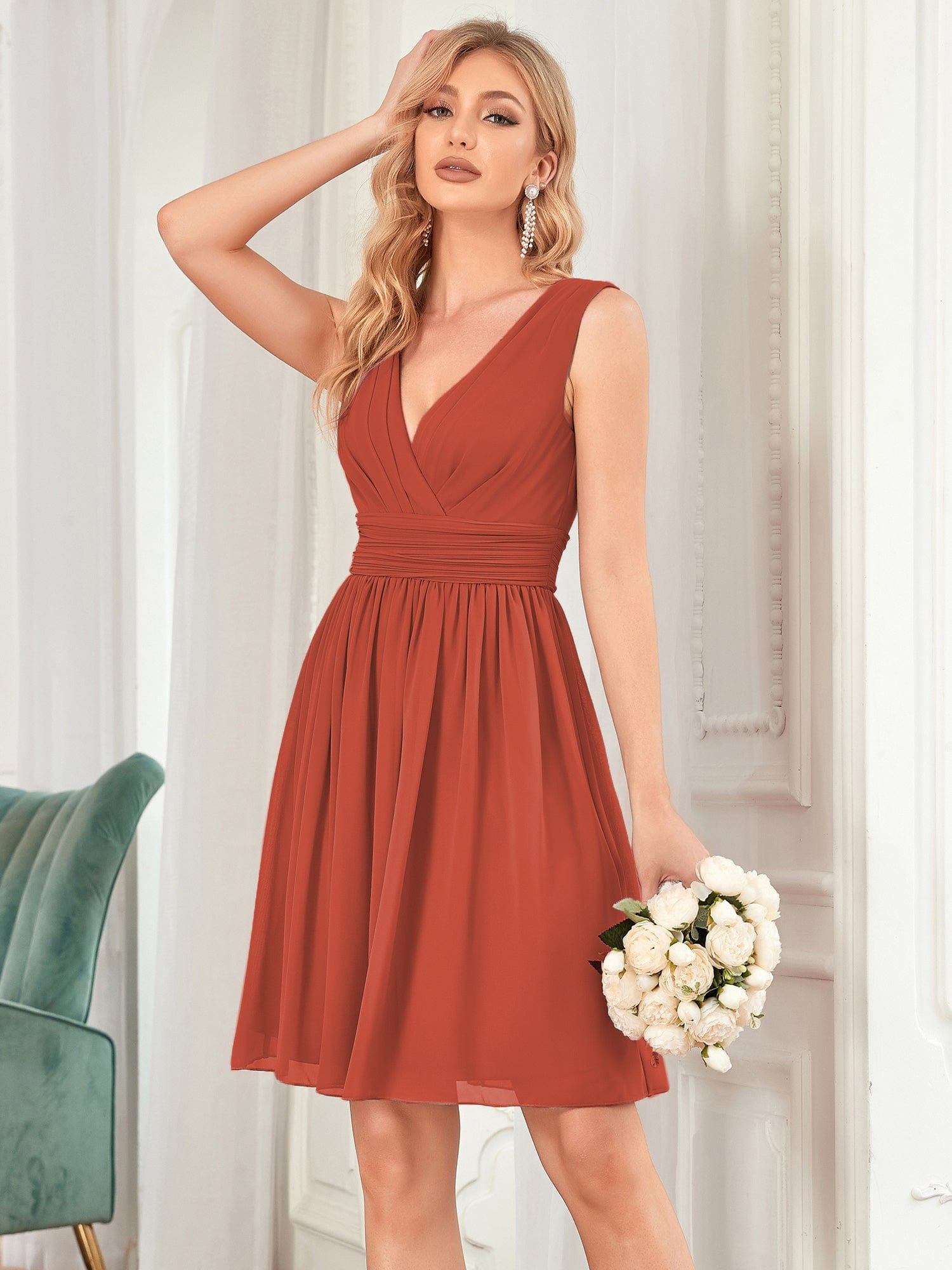 Custom Size Knee-Length Chiffon Bridesmaid Dresses for Women with V-Neck #color_Burnt Orange