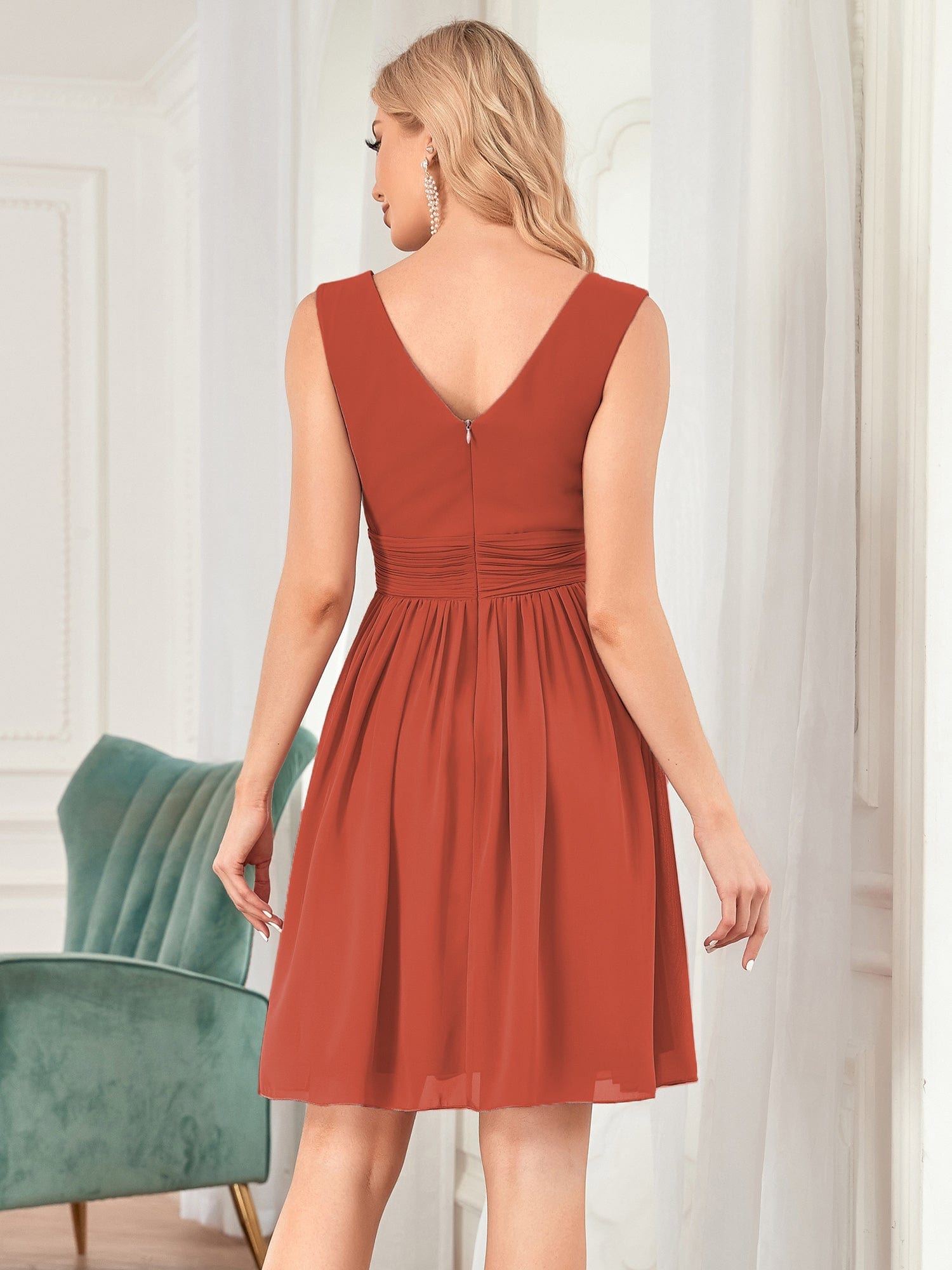 Custom Size Knee-Length Chiffon Bridesmaid Dresses for Women with V-Neck #color_Burnt Orange