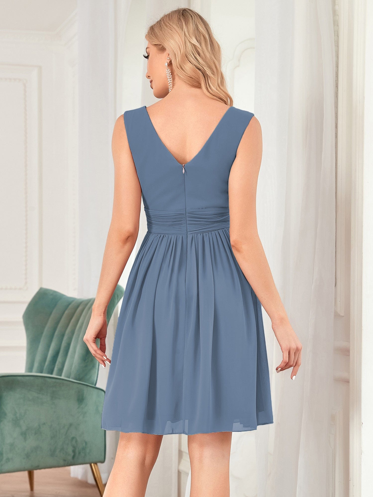 Custom Size Knee-Length Chiffon Bridesmaid Dresses for Women with V-Neck #color_Dusty Blue