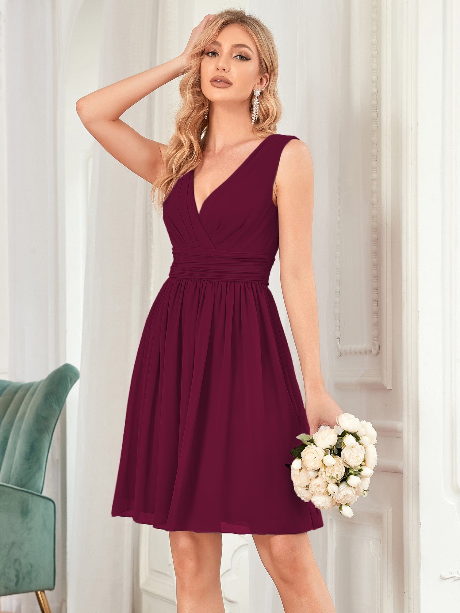 Custom Size Knee-Length Chiffon Bridesmaid Dresses for Women with V-Neck #color_Mulberry