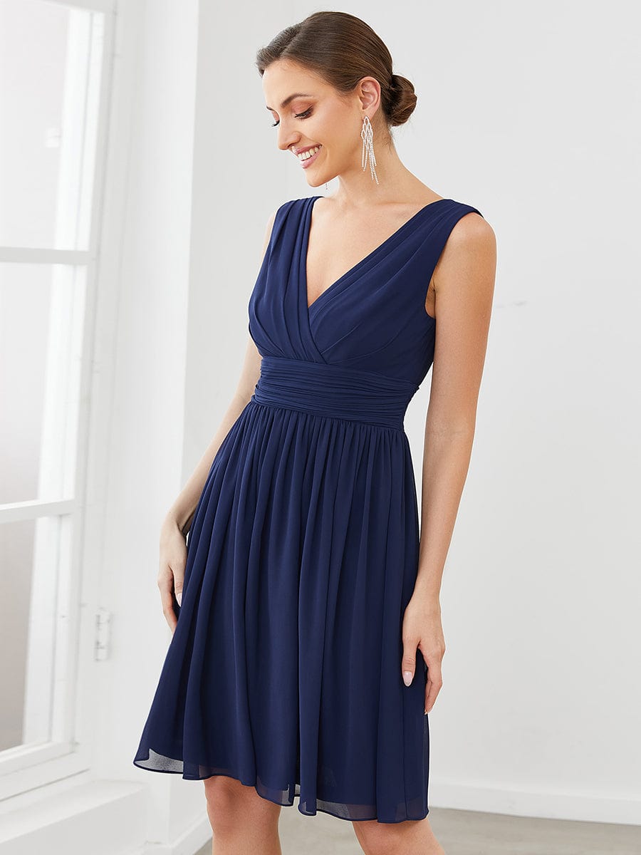 Custom Size Knee-Length Chiffon Bridesmaid Dresses for Women with V-Neck #color_Navy Blue