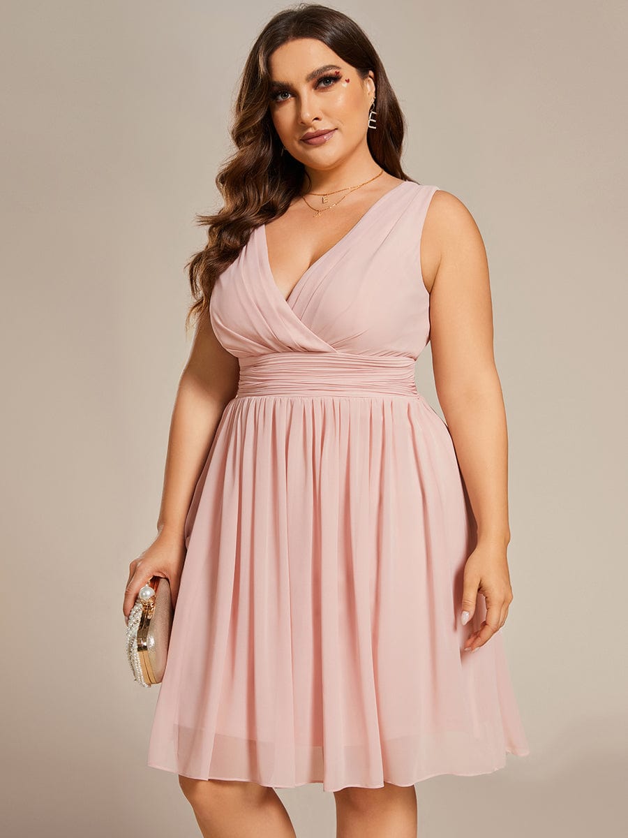 Plus Size Sleeveless V-Neck Knee-Length Chiffon Bridesmaid Dress #color_Pink