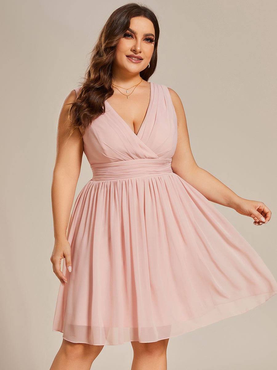 Plus Size Sleeveless V-Neck Knee-Length Chiffon Bridesmaid Dress #color_Pink