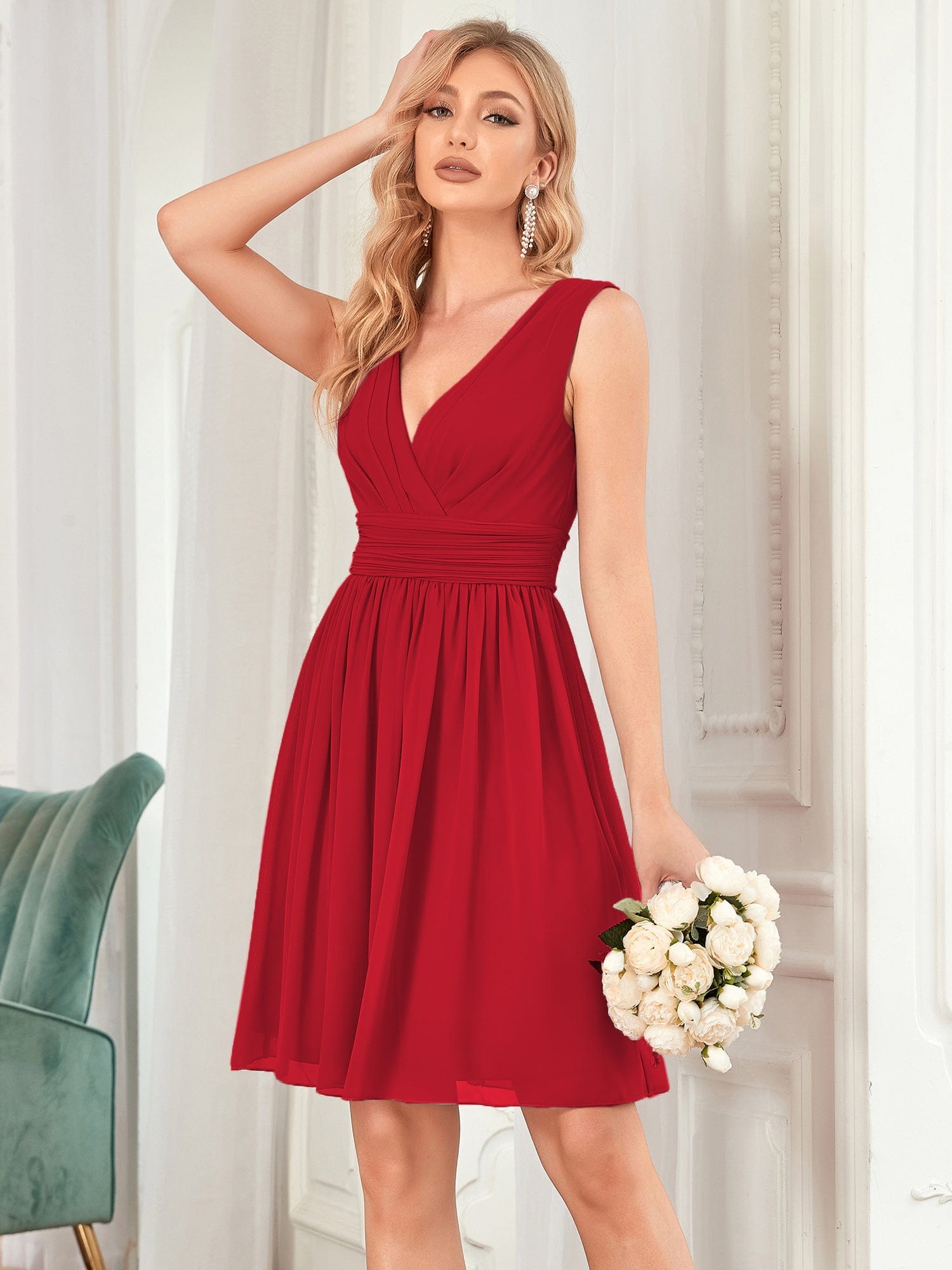 Custom Size Knee-Length Chiffon Bridesmaid Dresses for Women with V-Neck #color_Red