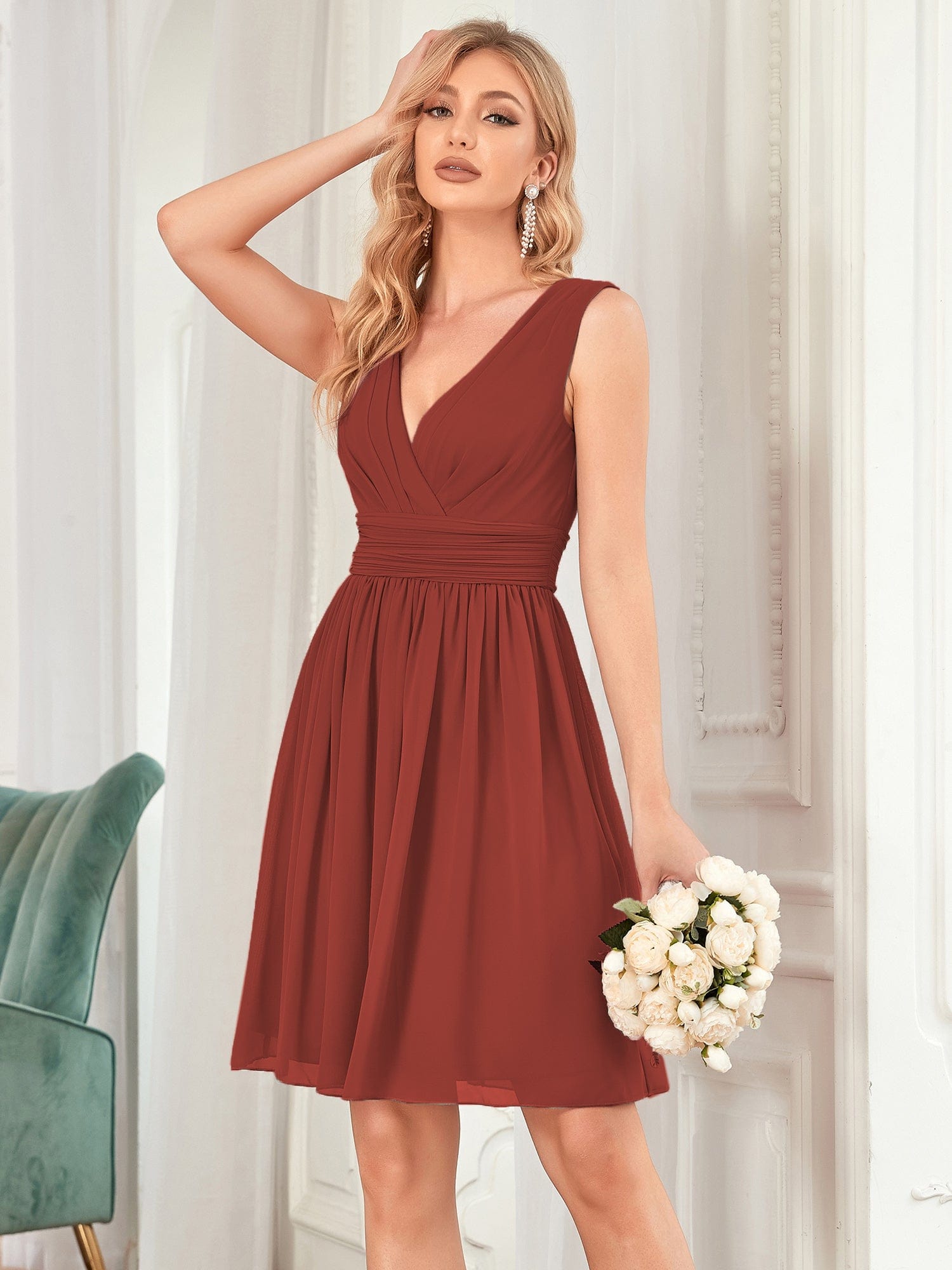 Custom Size Knee-Length Chiffon Bridesmaid Dresses for Women with V-Neck #color_Vermilion