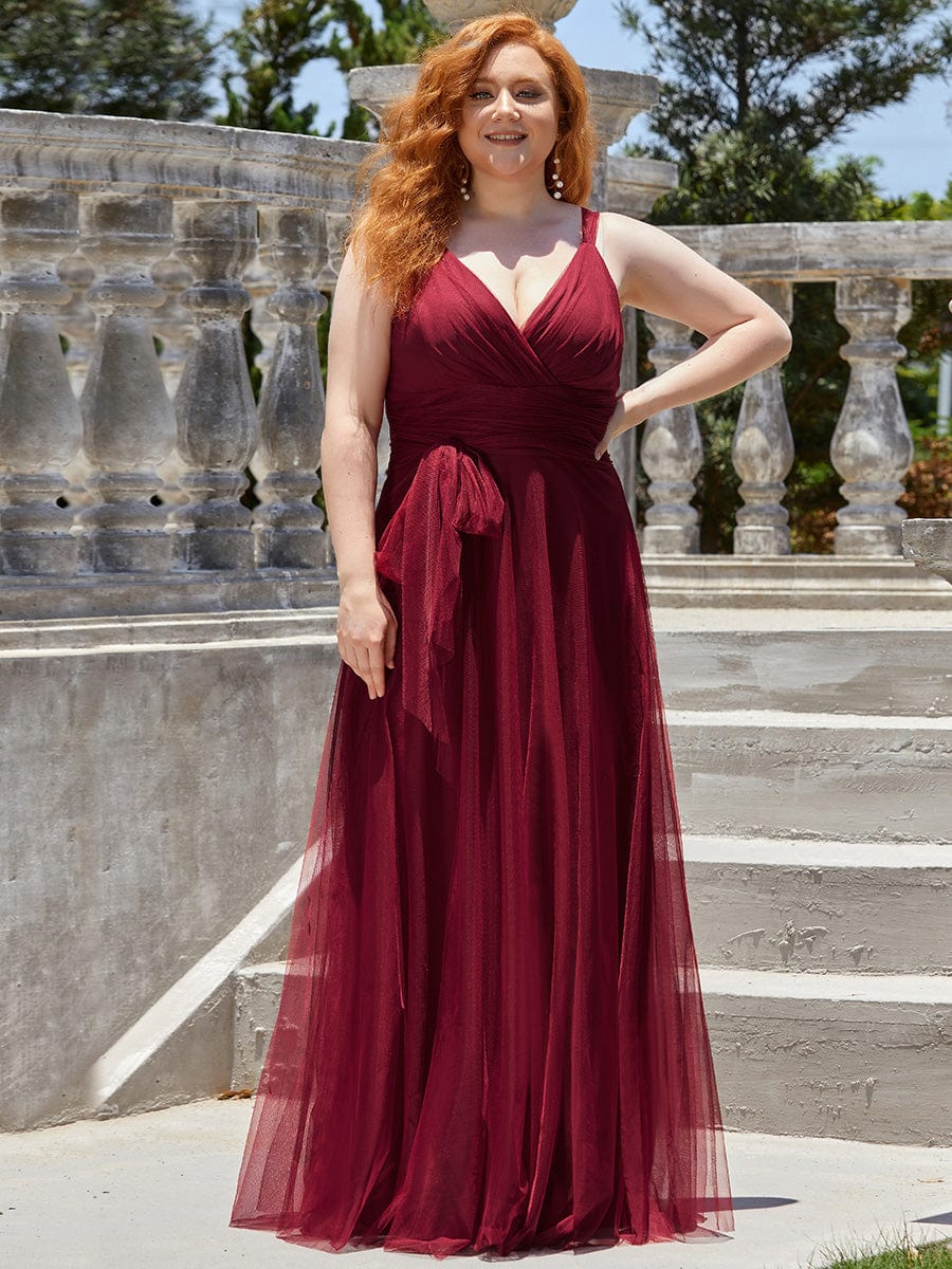 Floor Length Double V Neck Tulle Bridesmaid Dresses #color_Burgundy