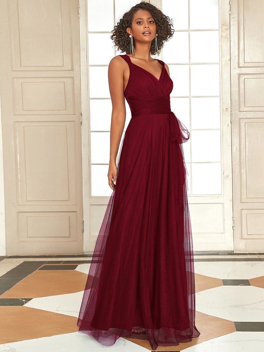 Floor Length Double V Neck Tulle Bridesmaid Dresses #color_Burgundy