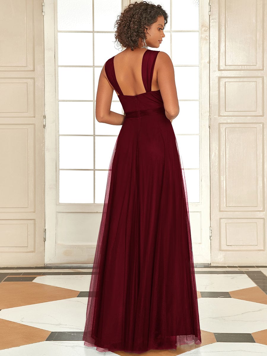 Floor Length Double V Neck Tulle Bridesmaid Dresses #color_Burgundy