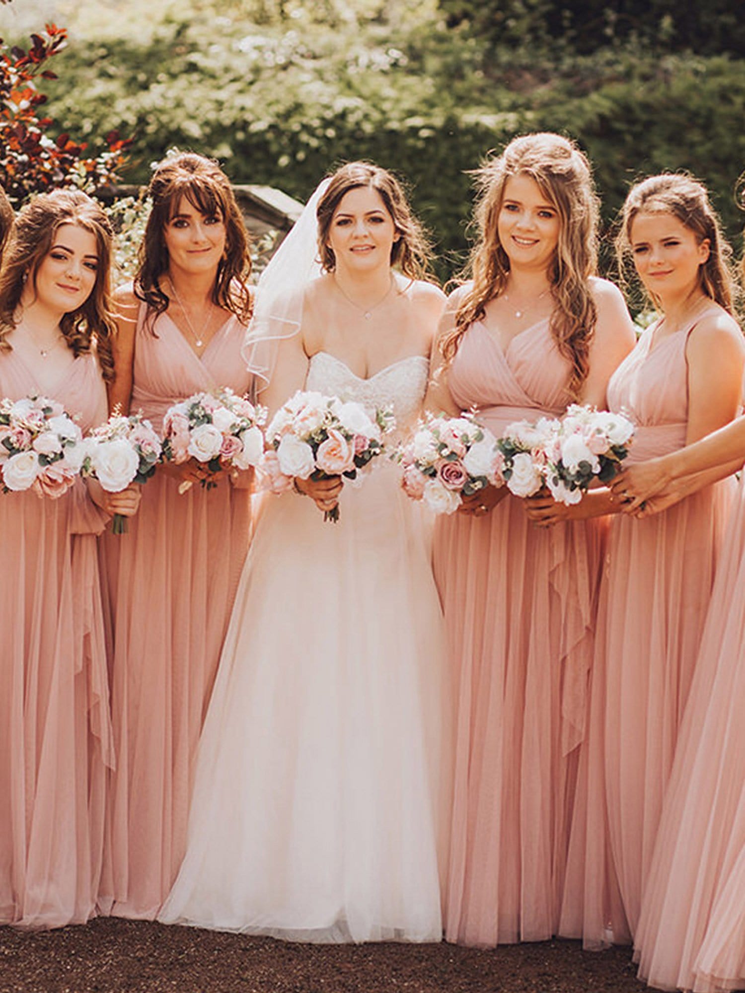 Floor Length Double V Neck Tulle Bridesmaid Dresses #color_Blush