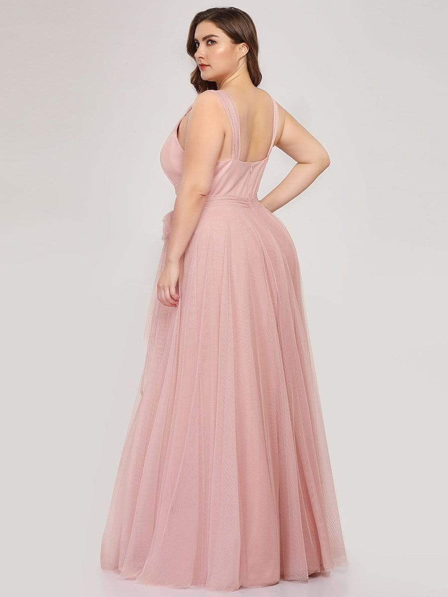 Floor Length Double V Neck Tulle Bridesmaid Dresses #color_Blush