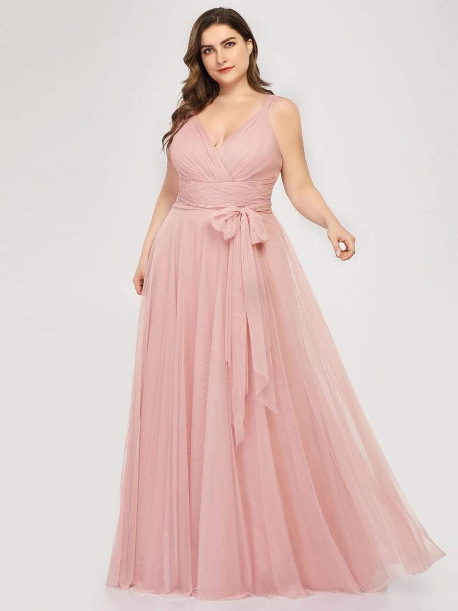 Floor Length Double V Neck Tulle Bridesmaid Dresses #color_Blush