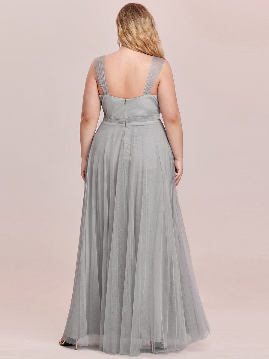 Floor Length Double V Neck Tulle Bridesmaid Dresses #color_Grey