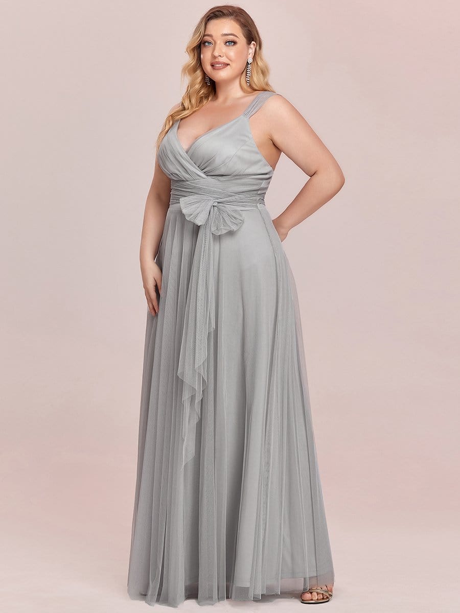 Plus Size Maxi Long Double V Neck Tulle Bridesmaid Dresses #color_Grey