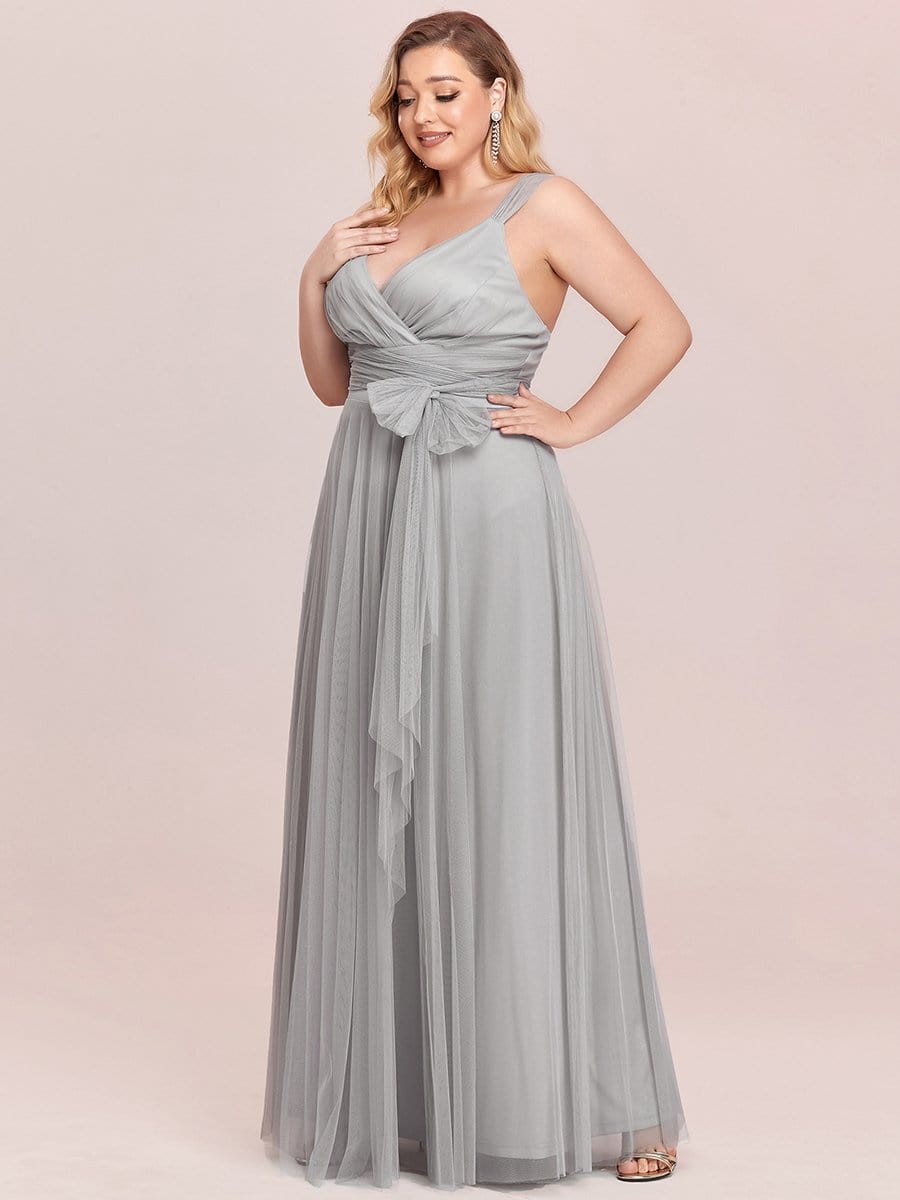 Plus Size Maxi Long Double V Neck Tulle Bridesmaid Dresses #color_Grey