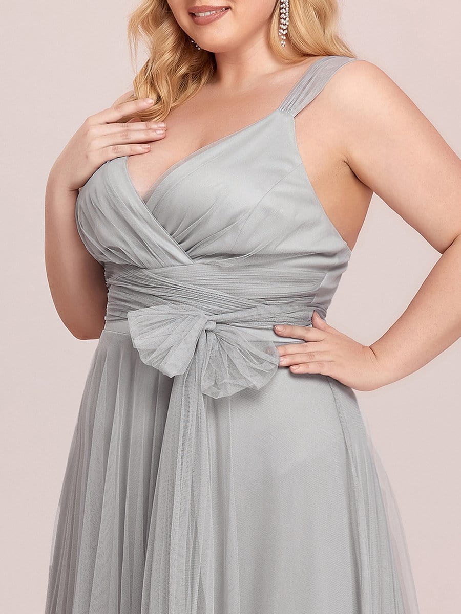 Plus Size Maxi Long Double V Neck Tulle Bridesmaid Dresses #color_Grey