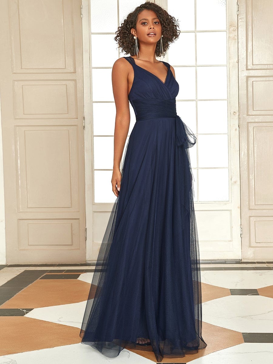 Floor Length Double V Neck Tulle Bridesmaid Dresses #color_Navy Blue