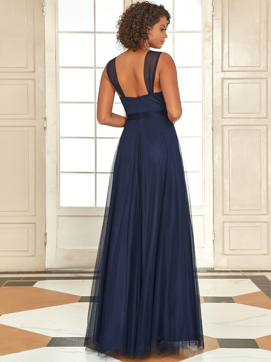 Floor Length Double V Neck Tulle Bridesmaid Dresses #color_Navy Blue