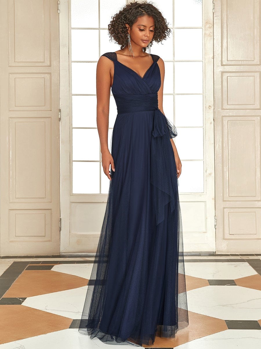 Floor Length Double V Neck Tulle Bridesmaid Dresses #color_Navy Blue