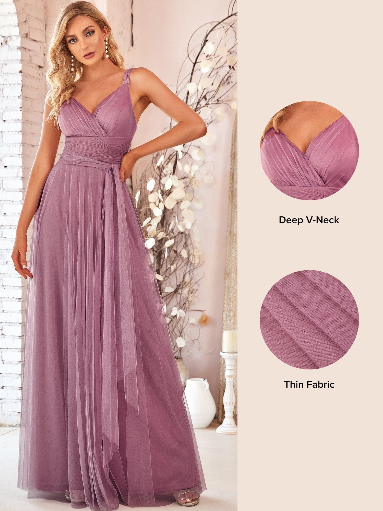 Floor Length Double V Neck Tulle Evening Dresses #color_Purple Orchid