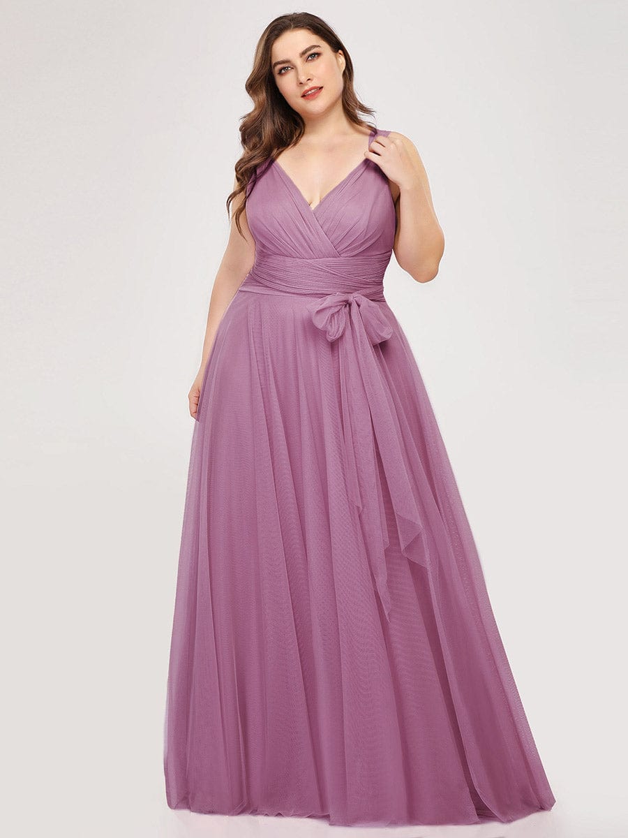 Floor Length Double V Neck Tulle Bridesmaid Dresses #color_Purple Orchid