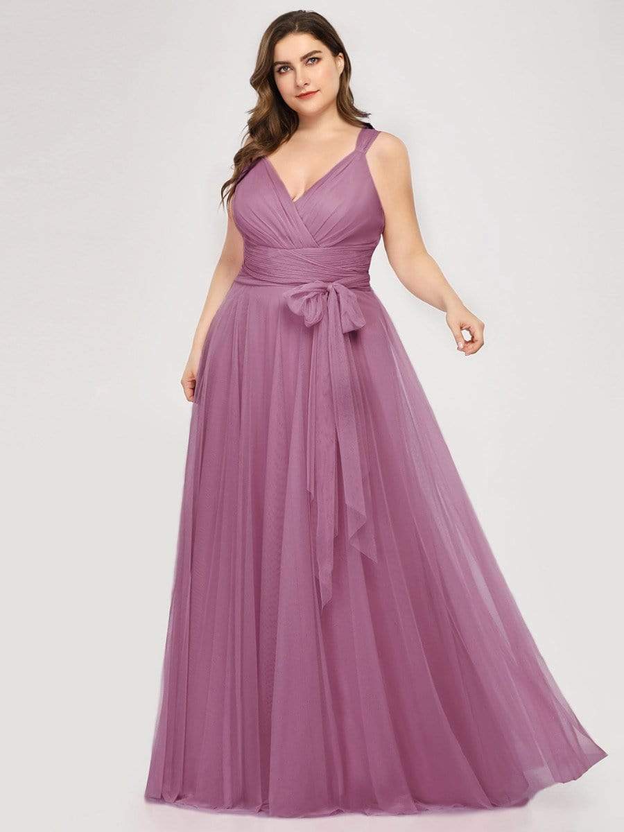 Floor Length Double V Neck Tulle Evening Dresses #color_Purple Orchid