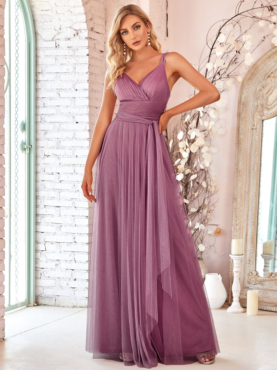 Floor Length Double V Neck Tulle Bridesmaid Dresses #color_Purple Orchid