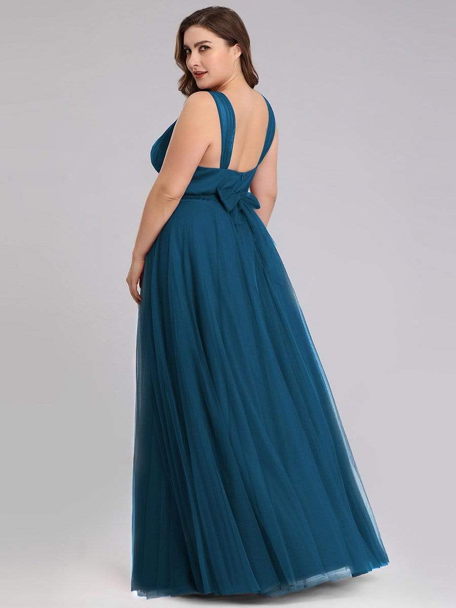 Floor Length Double V Neck Tulle Bridesmaid Dresses #color_Teal