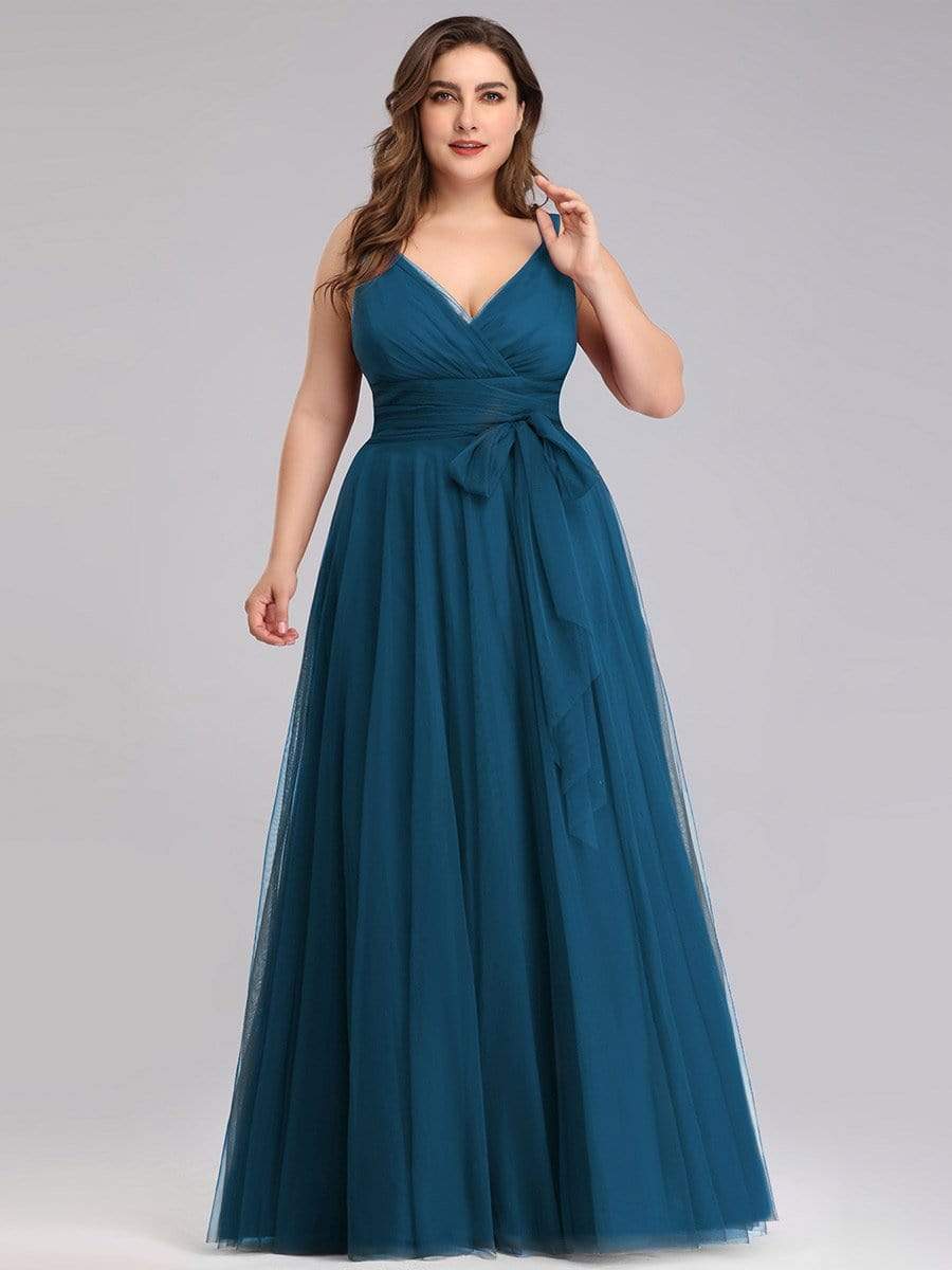 Floor Length Double V Neck Tulle Evening Dresses #color_Teal