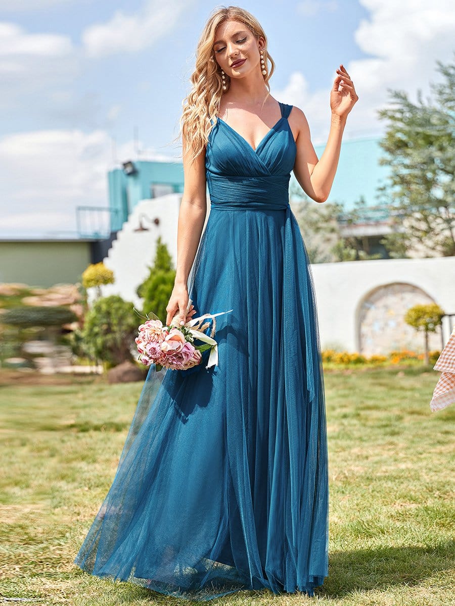 Elegant Double V Neck Tulle Floor Length Bridesmaid Dresses