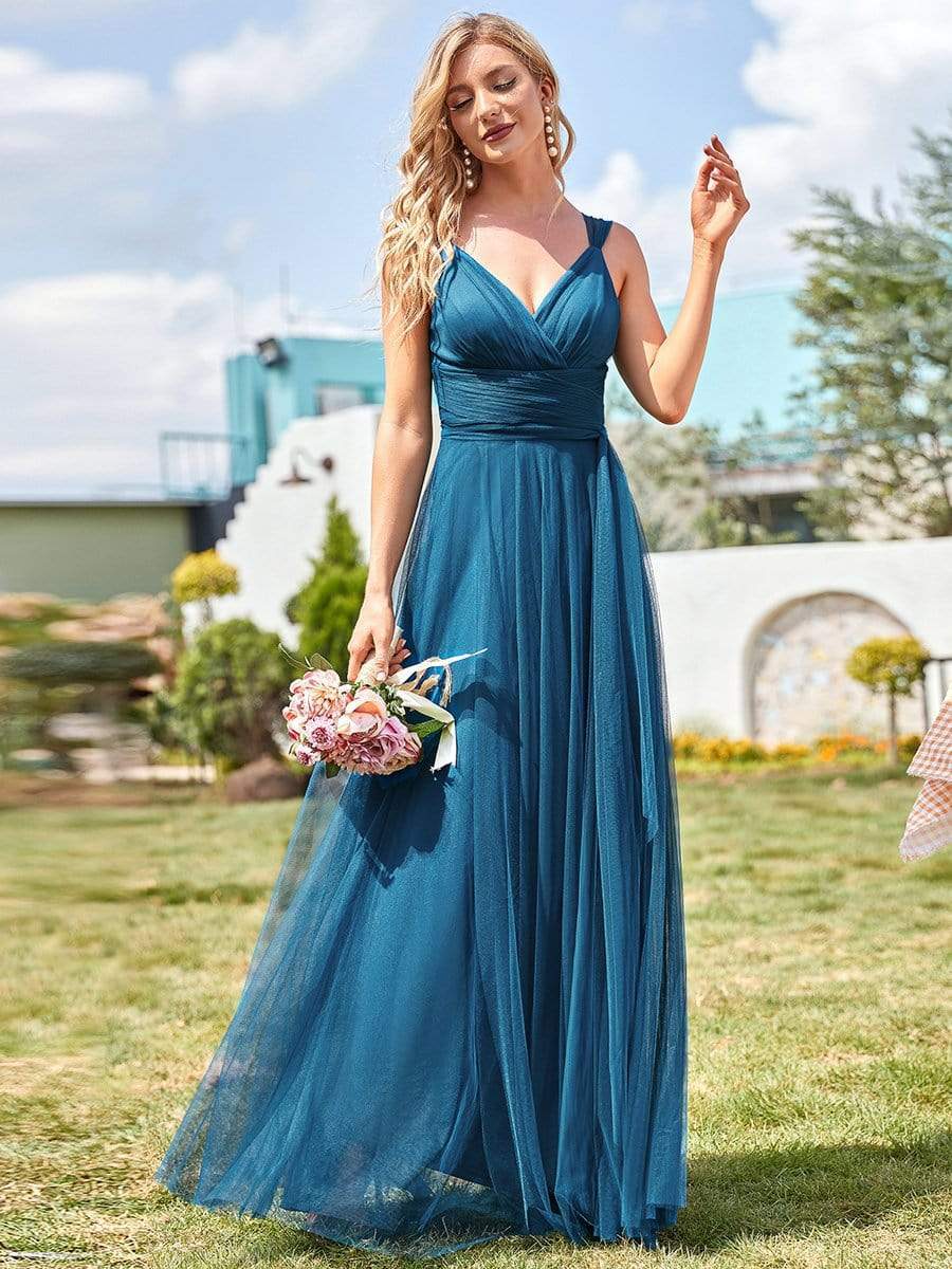 Floor Length Double V Neck Tulle Bridesmaid Dresses #color_Teal