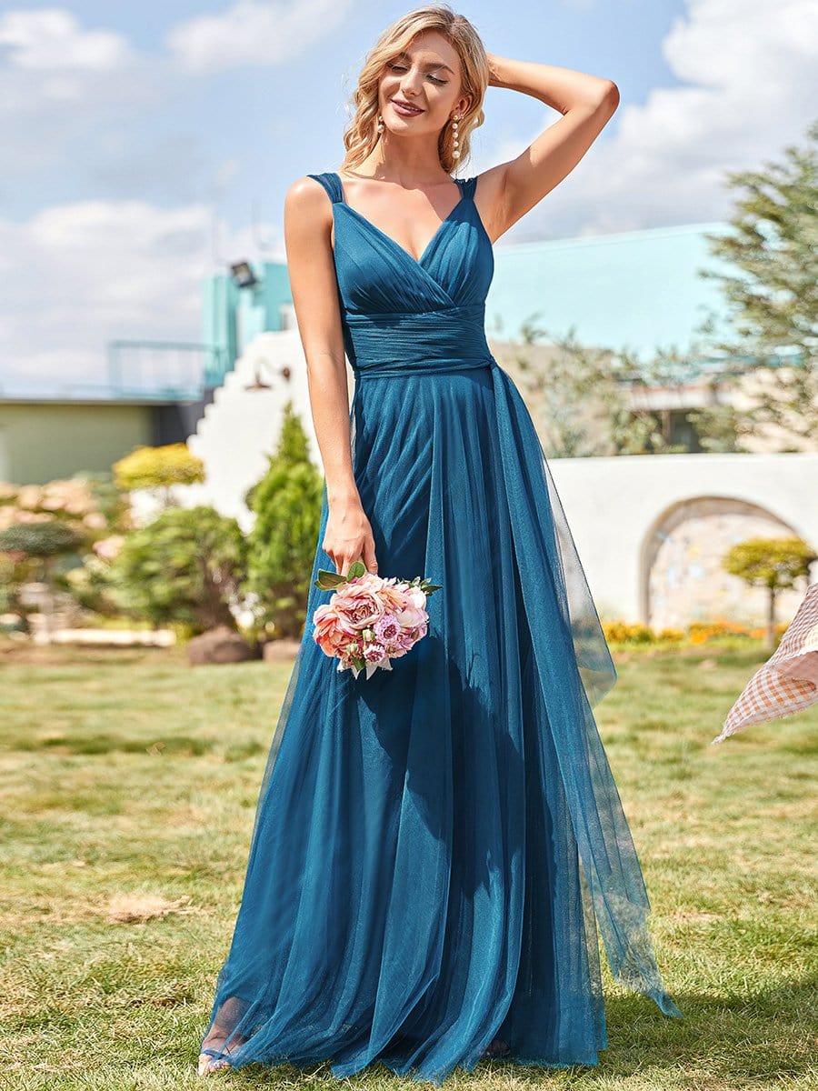 Floor Length Double V Neck Tulle Evening Dresses #color_Teal