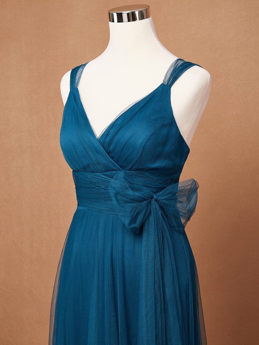 Floor Length Double V Neck Tulle Bridesmaid Dresses #color_Teal