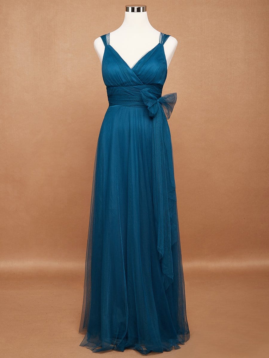 Floor Length Double V Neck Tulle Bridesmaid Dresses #color_Teal