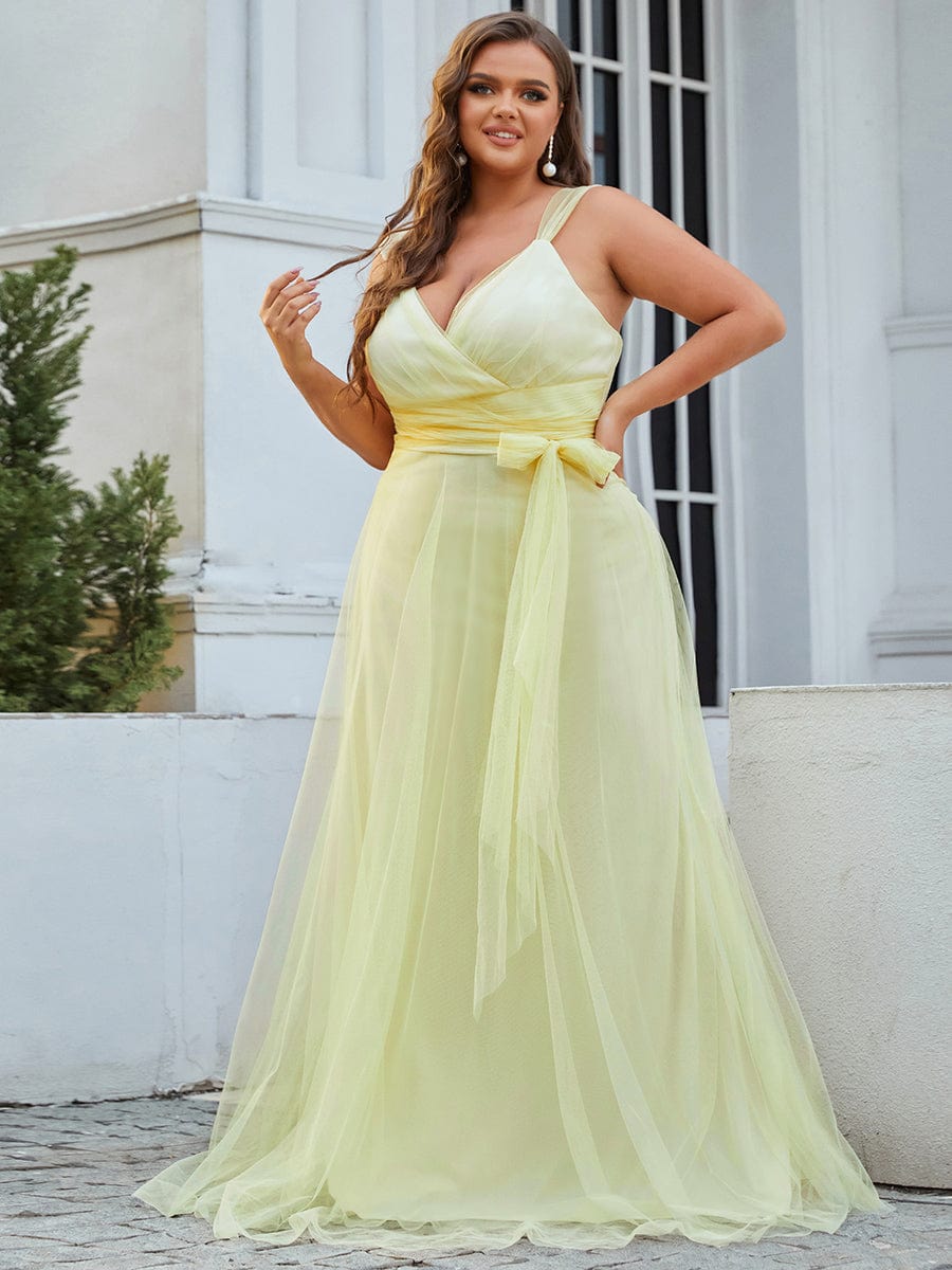 Floor Length Double V Neck Tulle Evening Dresses #color_Yellow