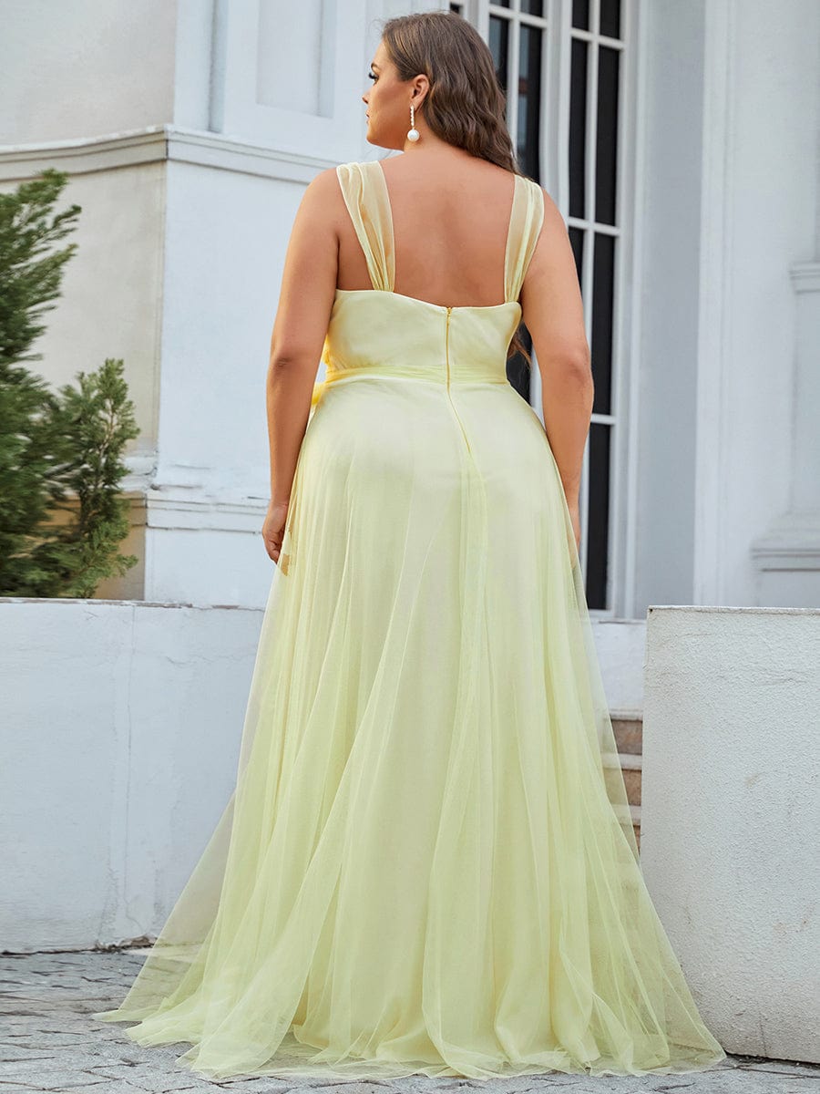 Floor Length Double V Neck Tulle Evening Dresses #color_Yellow