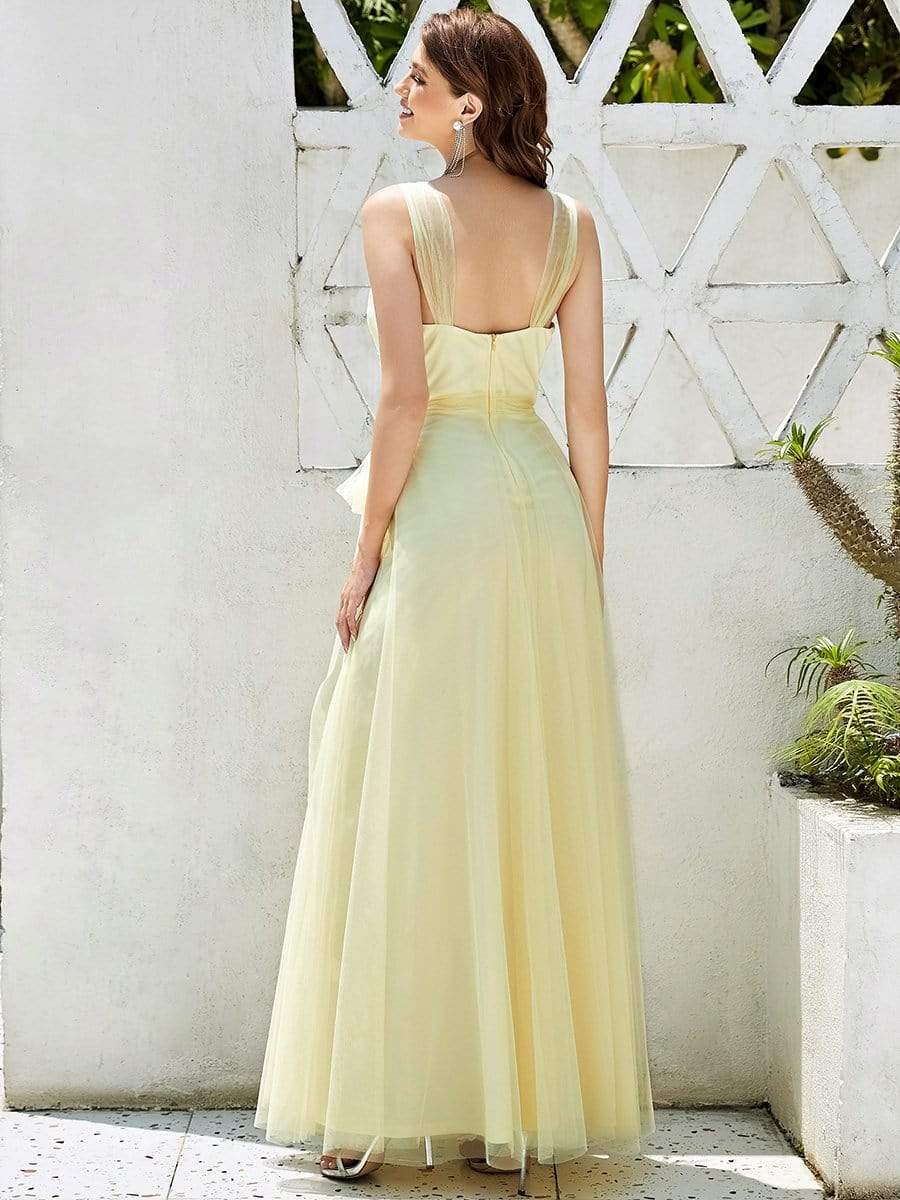 Floor Length Double V Neck Tulle Evening Dresses #color_Yellow