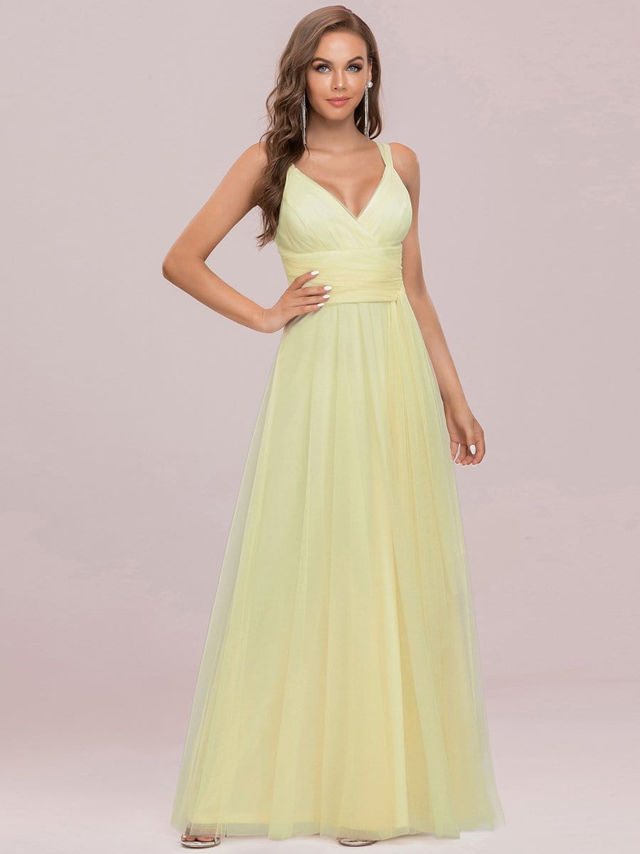 Floor Length Double V Neck Tulle Evening Dresses #color_Yellow