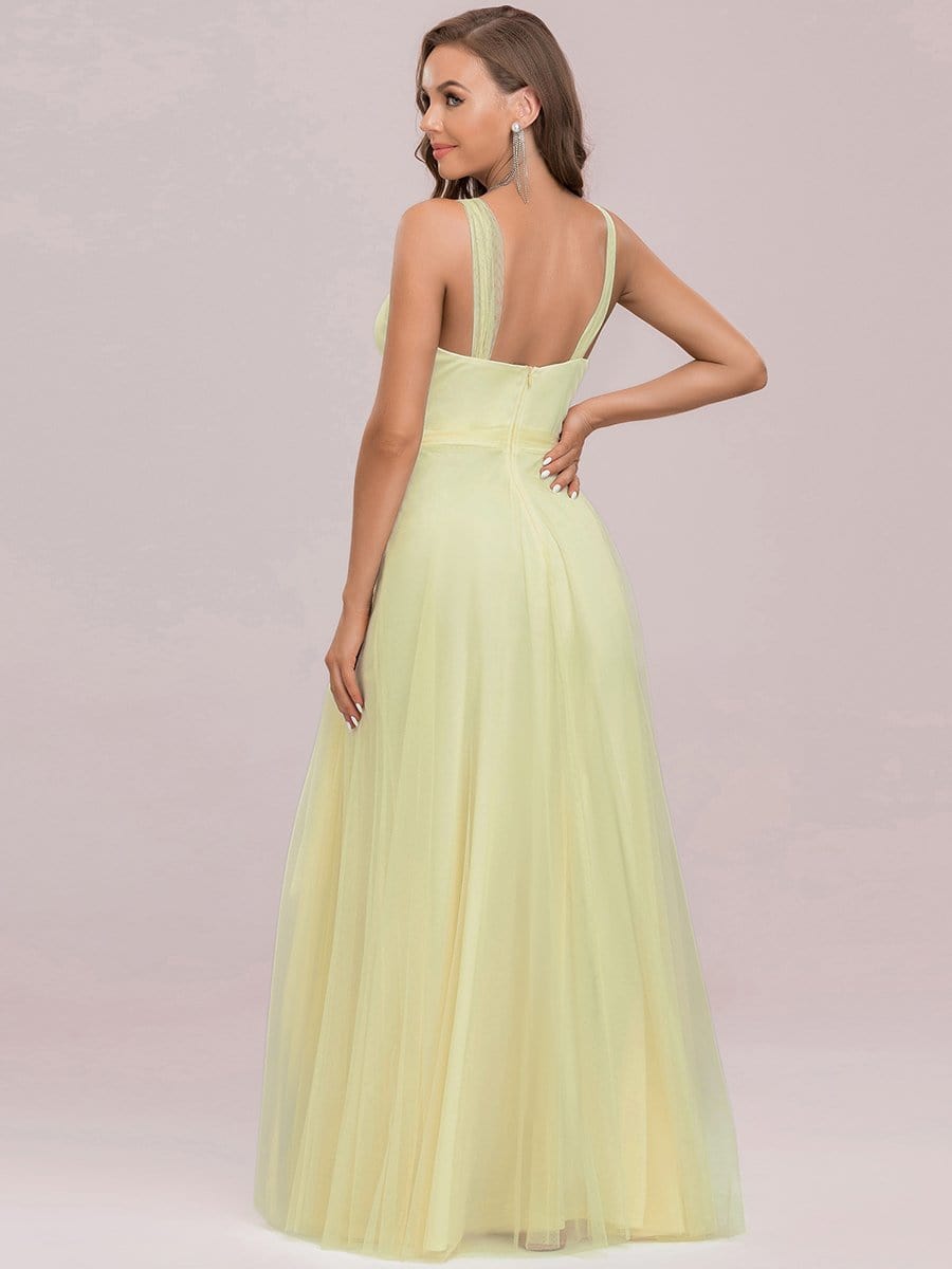 Floor Length Double V Neck Tulle Evening Dresses #color_Yellow