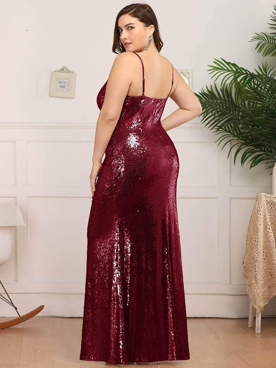 Sexy Spaghetti Straps Fishtail Sequin Evening Gowns for Women #color_Burgundy