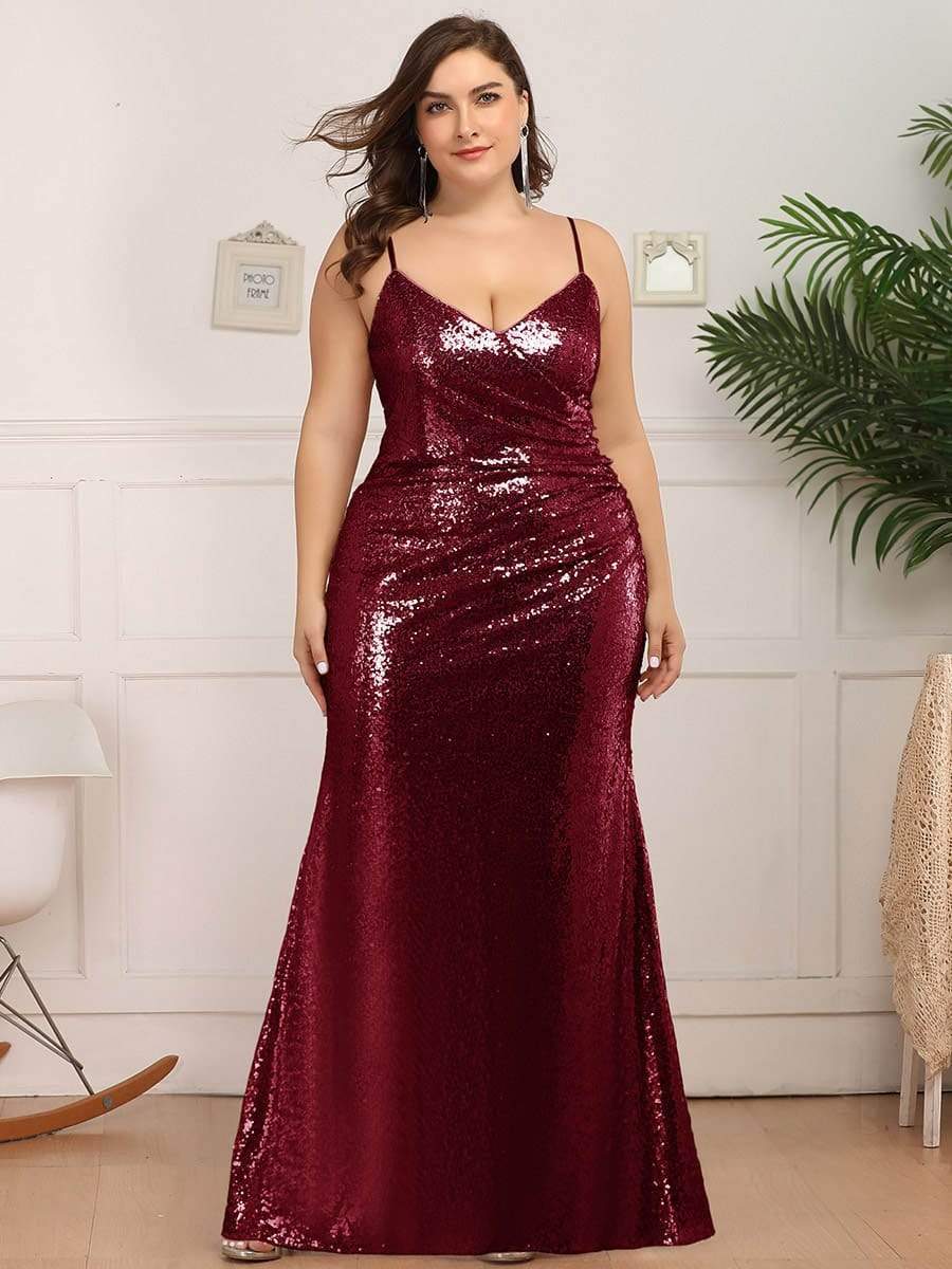 Sexy Spaghetti Straps Plus Size Sequin Evening Gowns for Women #color_Burgundy