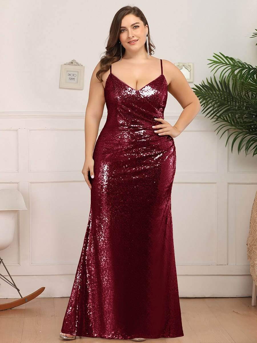 Sexy Spaghetti Straps Fishtail Sequin Evening Gowns for Women #color_Burgundy