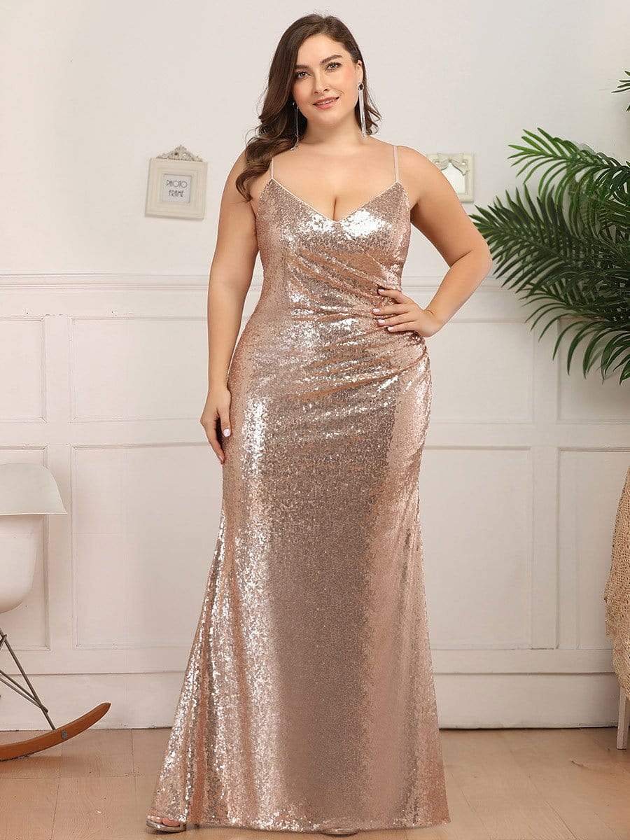 Sexy Spaghetti Straps Plus Size Sequin Evening Gowns for Women #color_Rose Gold