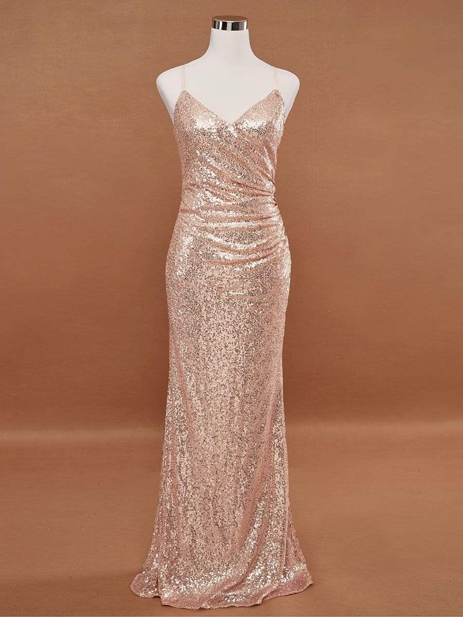 Sexy Spaghetti Straps Fishtail Sequin Evening Gowns for Women #color_Rose Gold