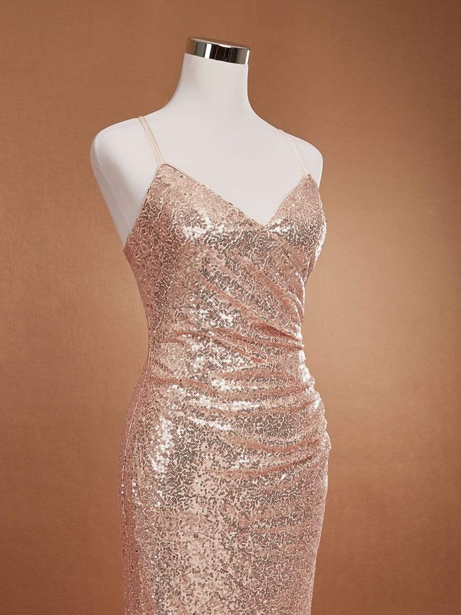 Sexy Spaghetti Straps Fishtail Sequin Evening Gowns for Women #color_Rose Gold