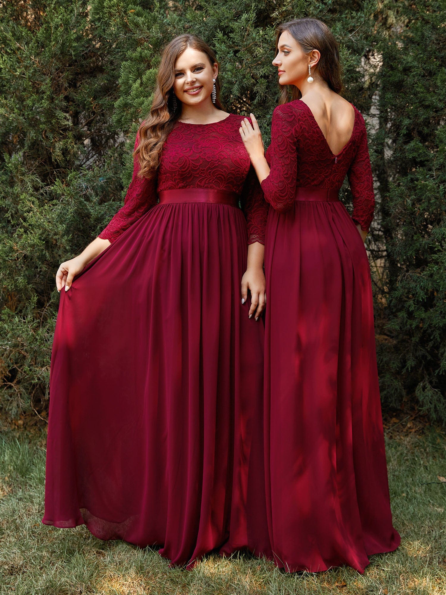 Elegant Round Neck A Line See-Through Lace Evening Dress #color_Burgundy