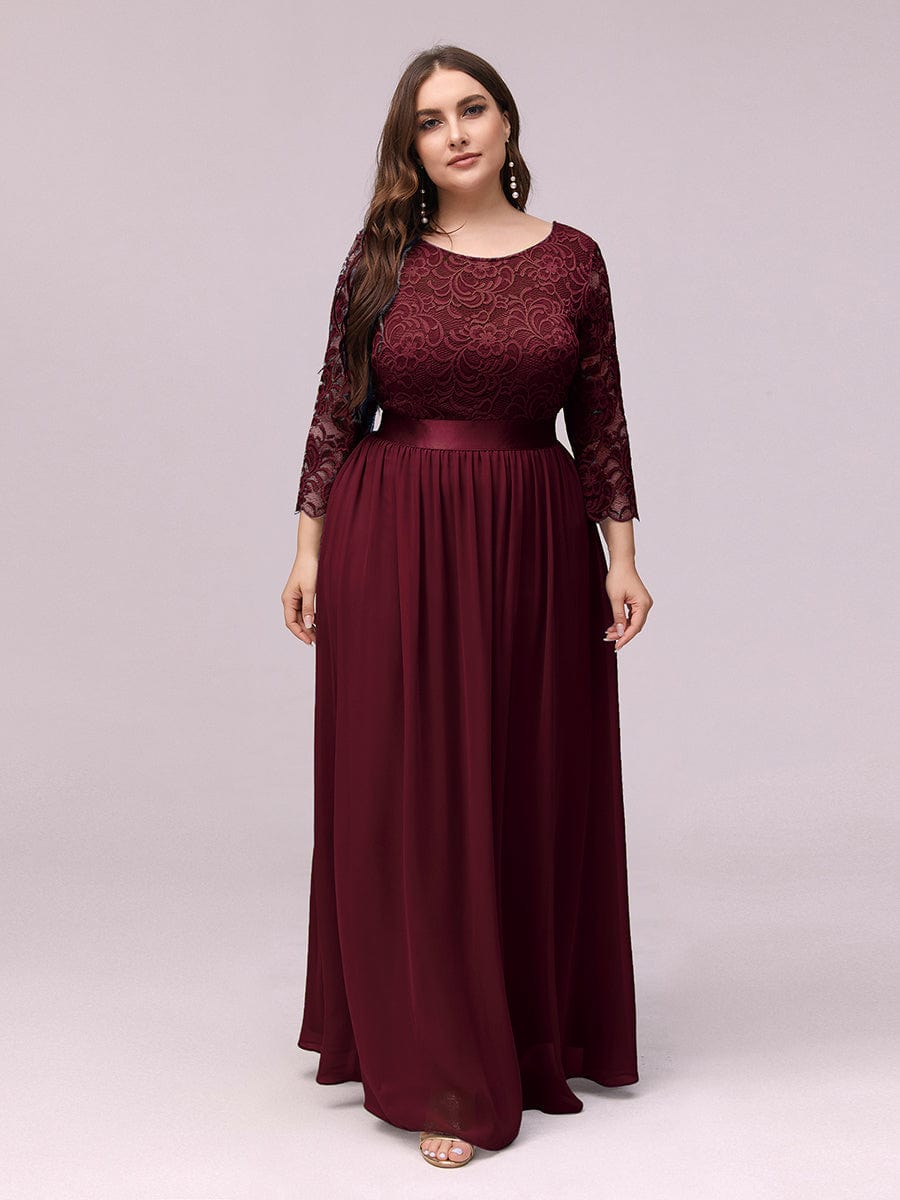 Plus Size See-Through Floor Length Lace Bridesmaid Dress With Half Sleeve #color_Burgundy