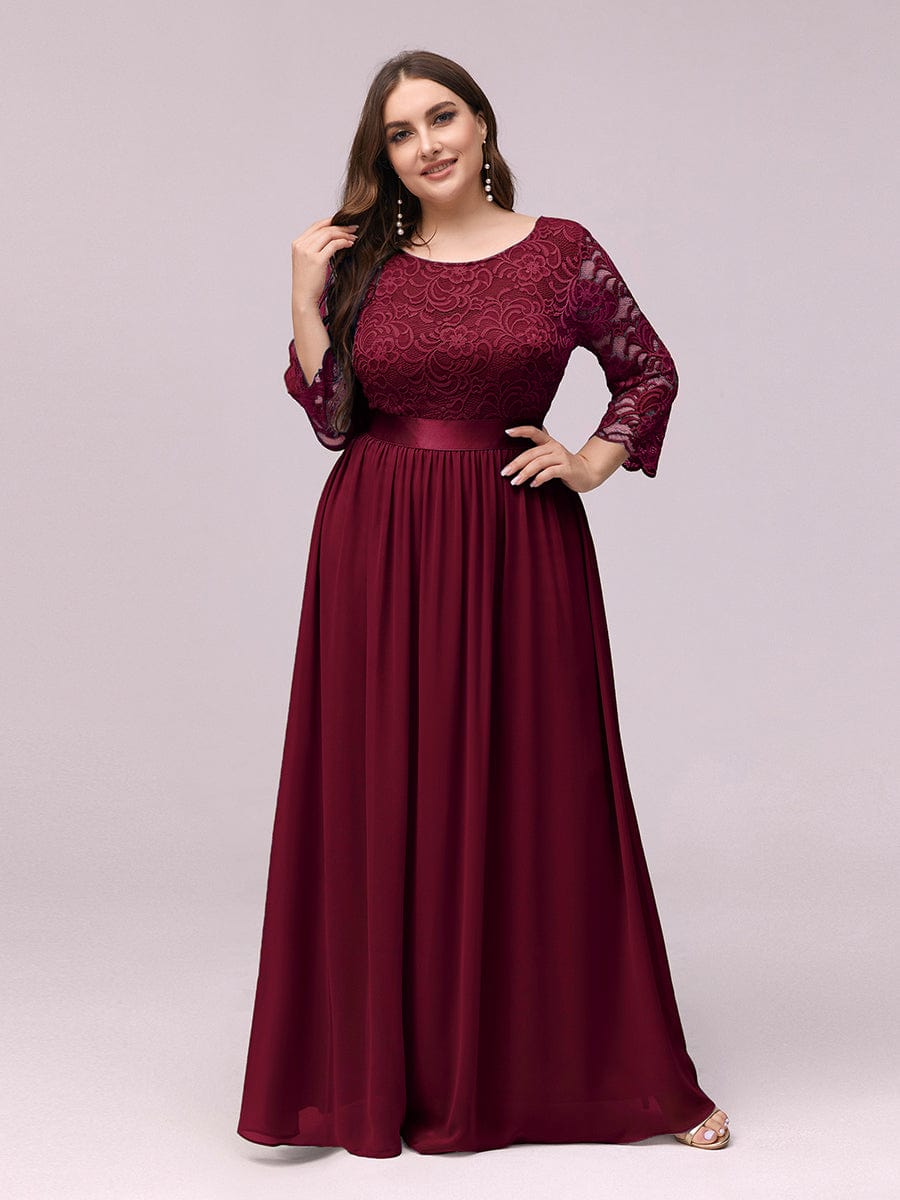 Elegant Round Neck A Line See-Through Lace Evening Dress #color_Burgundy