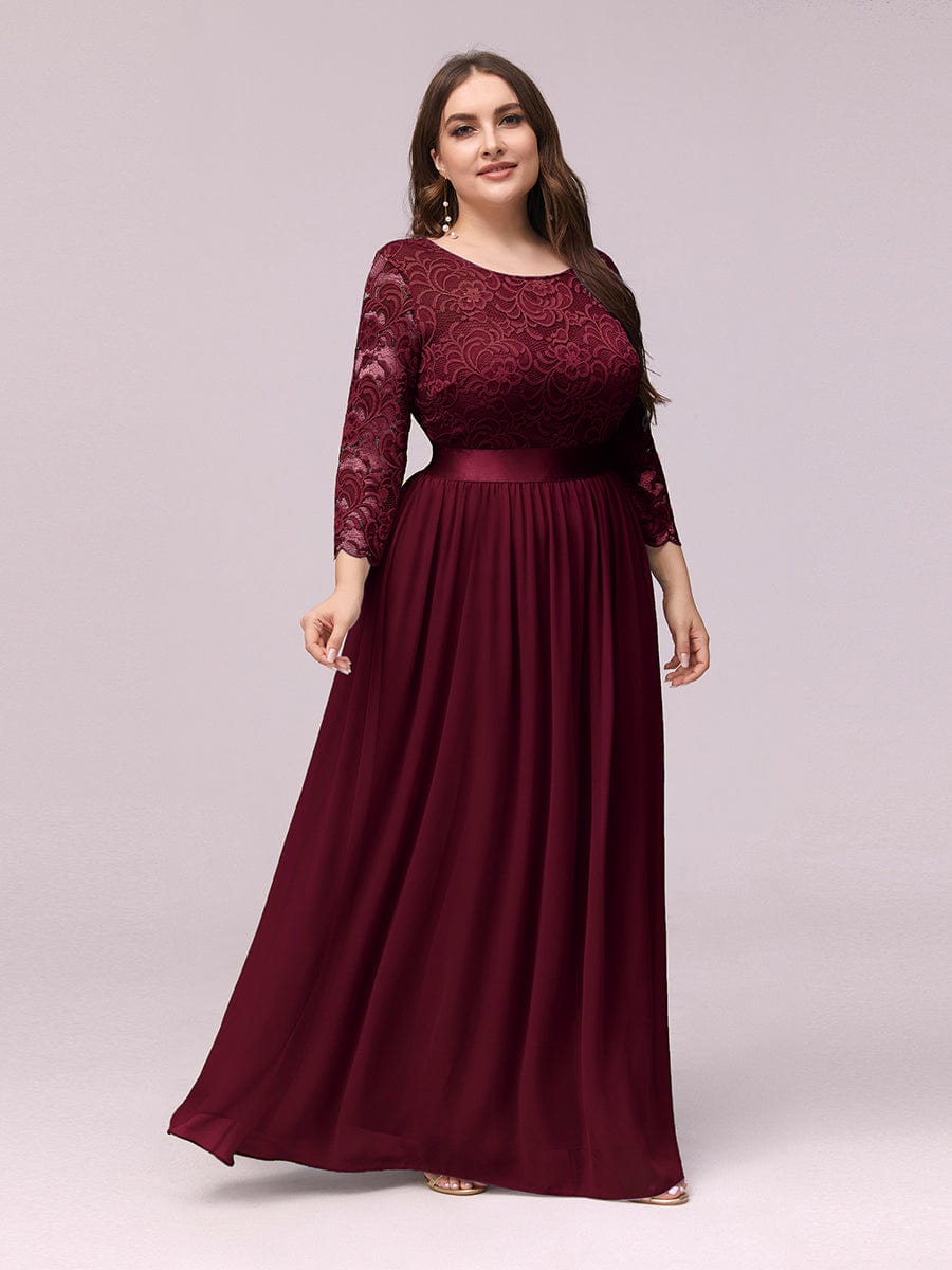 Plus Size See-Through Floor Length Lace Bridesmaid Dress With Half Sleeve #color_Burgundy